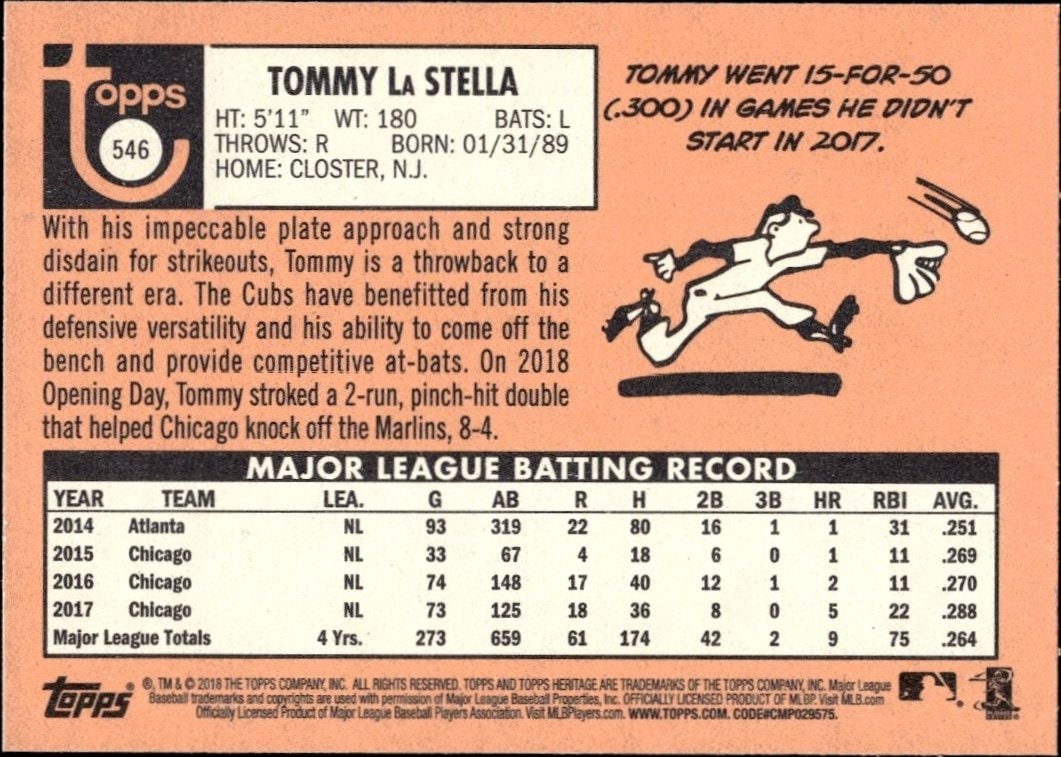 2018 Topps Heritage High Number Tommy La Stella #546 baseball trading card back