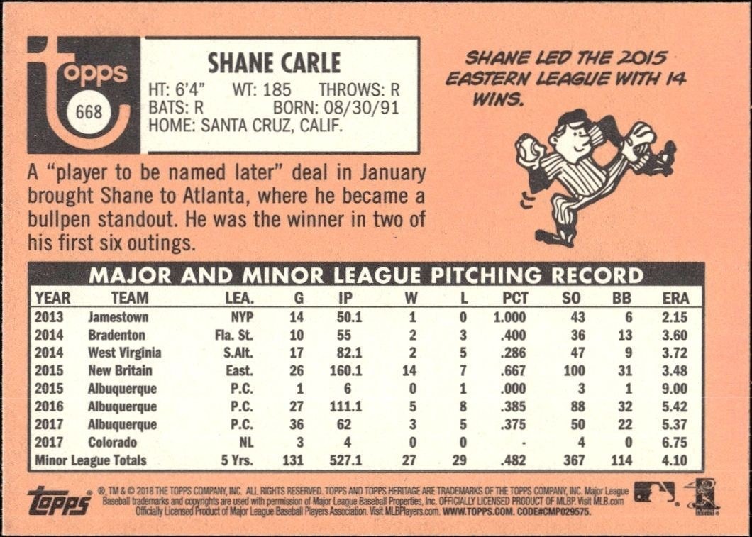 2018 Topps Heritage High Number Shane Carle #668 baseball trading card back
