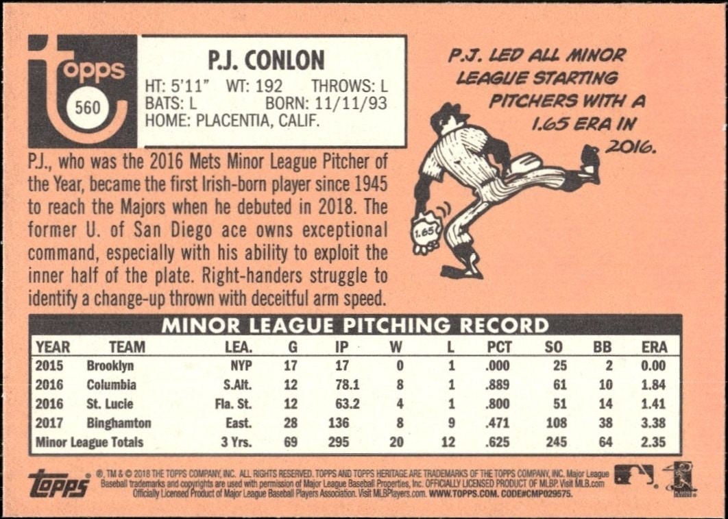 2018 Topps Heritage High Number P.J. Conlon #560 baseball trading card back