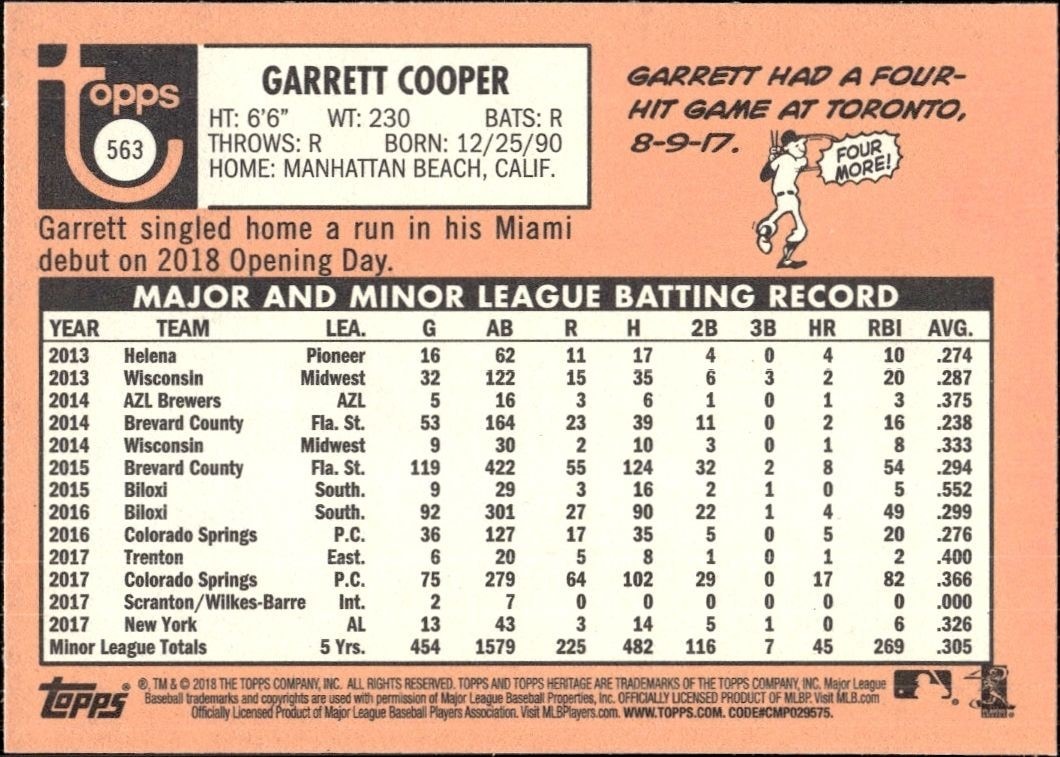 2018 Topps Heritage High Number Garrett Cooper #563 baseball trading card back