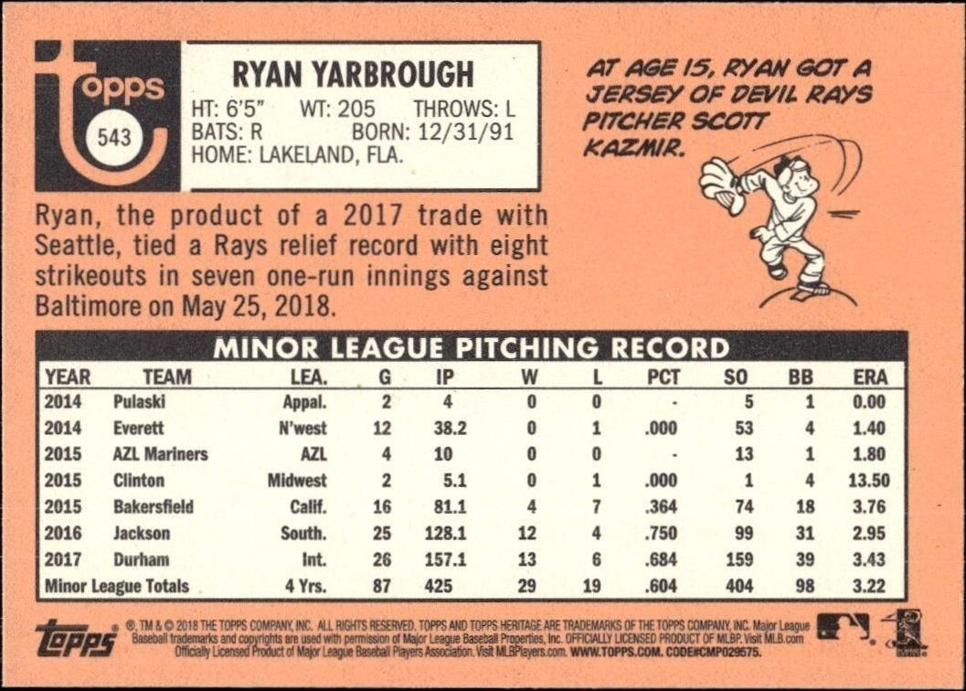 2018 Topps Heritage High Number Ryan Yarbrough #543 baseball trading card back