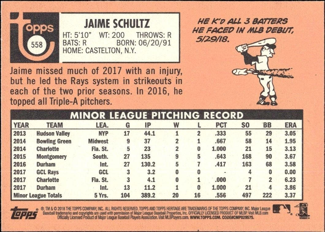 2018 Topps Heritage High Number Jaime Schultz #558 baseball trading card back