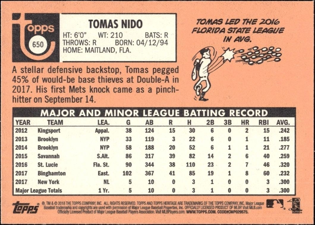 2018 Topps Heritage High Number Tomas Nido #650 baseball trading card back