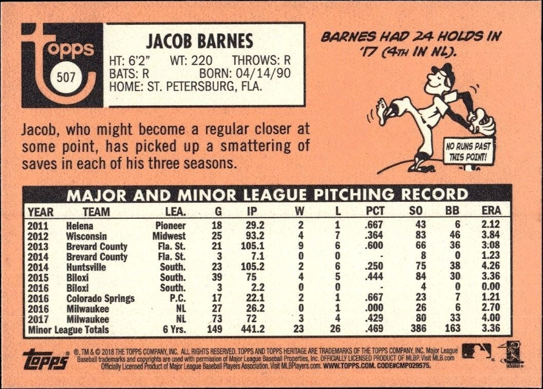2018 Topps Heritage High Number Jacob Barnes #507 baseball trading card back
