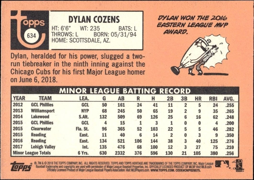 2018 Topps Heritage High Number Dylan Cozens #634 baseball trading card back