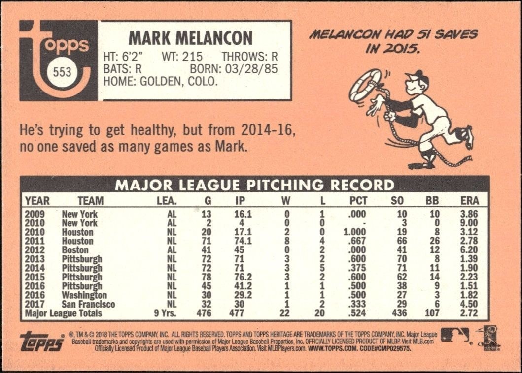 2018 Topps Heritage High Number Mark Melancon #553 baseball trading card back