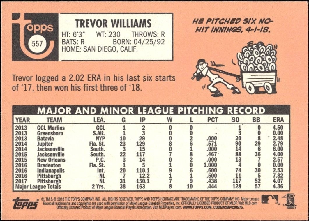 2018 Topps Heritage High Number Trevor Williams #557 baseball trading card back