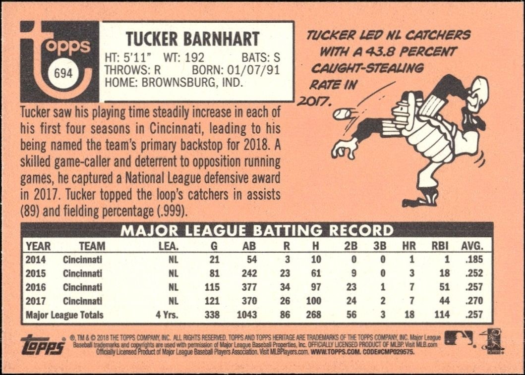 2018 Topps Heritage High Number Tucker Barnhart #694 baseball trading card back