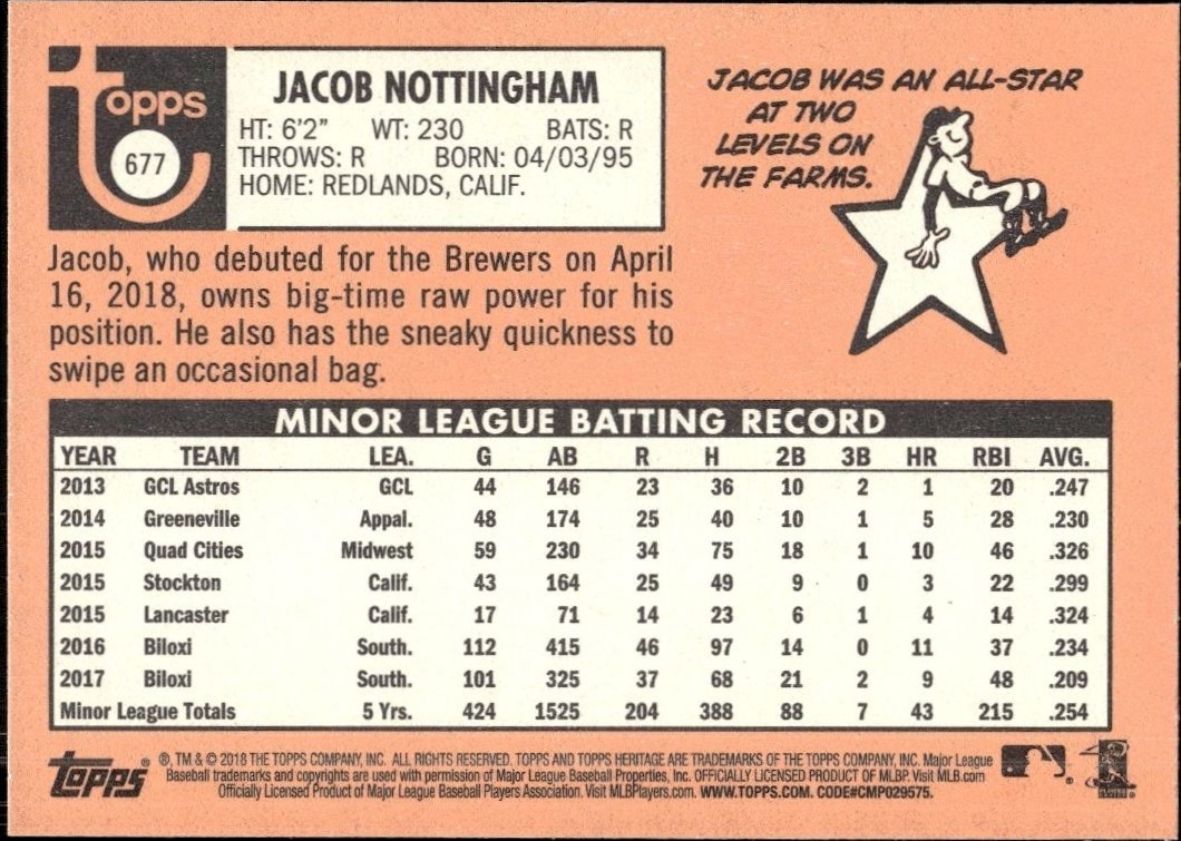 2018 Topps Heritage High Number Jacob Nottingham #677 baseball trading card back