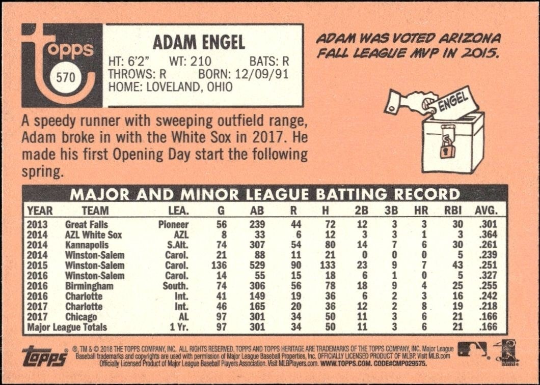 2018 Topps Heritage High Number Adam Engel #570 baseball trading card back
