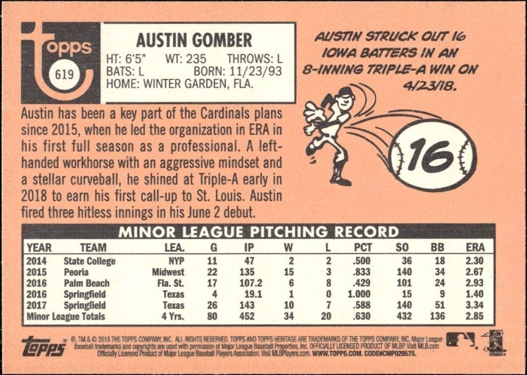 2018 Topps Heritage High Number Austin Gomber #619 baseball trading card back