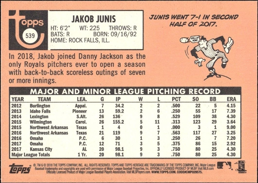 2018 Topps Heritage High Number Jakob Junis #539 baseball trading card back