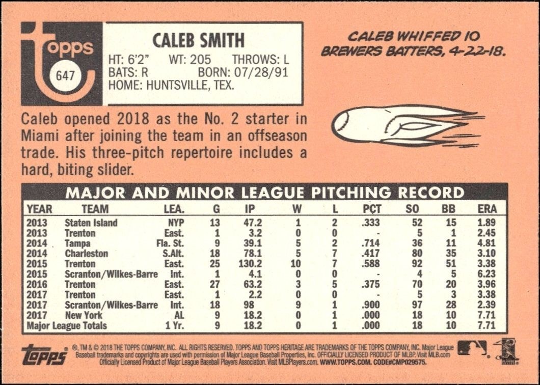 2018 Topps Heritage High Number Caleb Smith #647 baseball trading card back