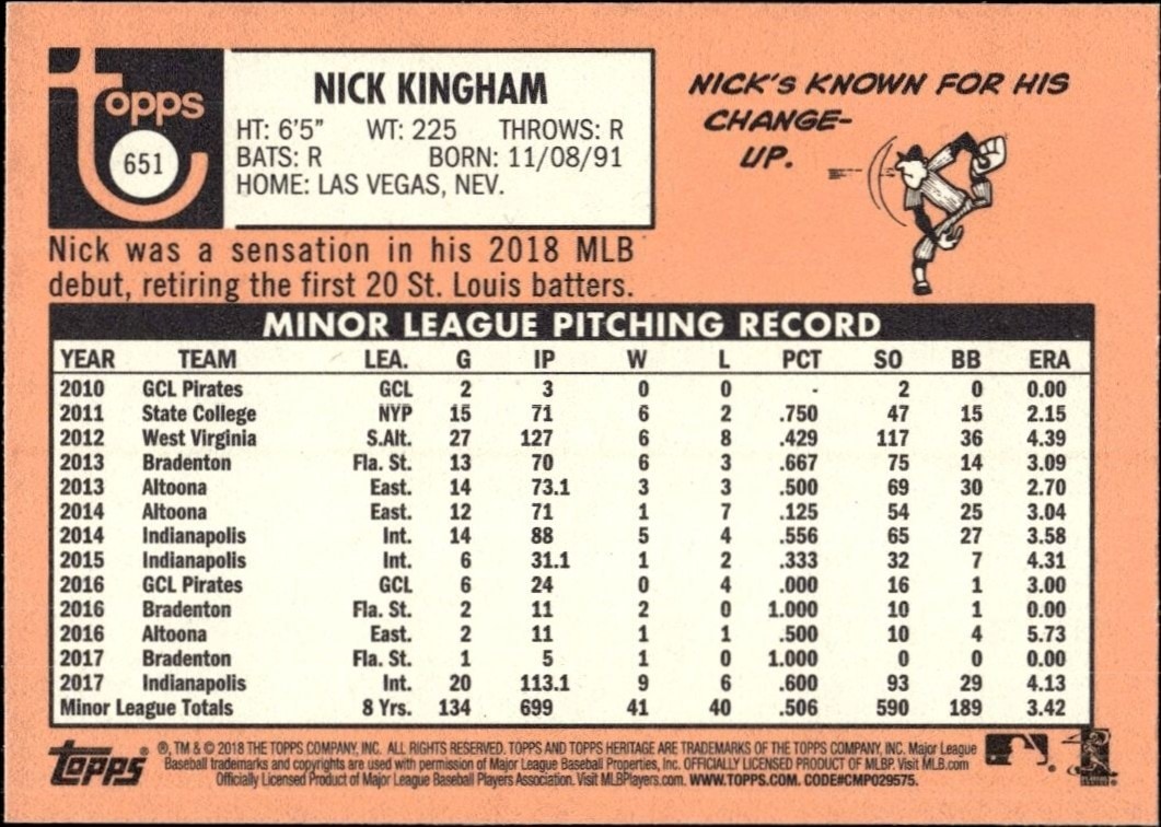 2018 Topps Heritage High Number Nick Kingham #651 baseball trading card back