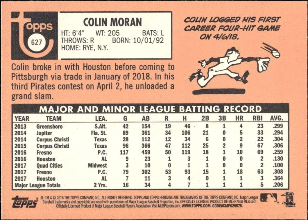 2018 Topps Heritage High Number Colin Moran #627 baseball trading card back