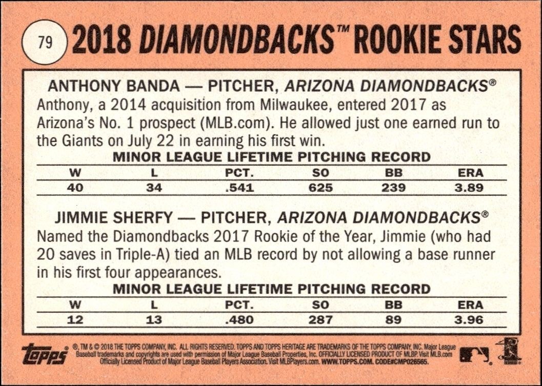 2018 Topps Heritage Anthony Banda, Jimmie Sherfy #79 baseball trading card back