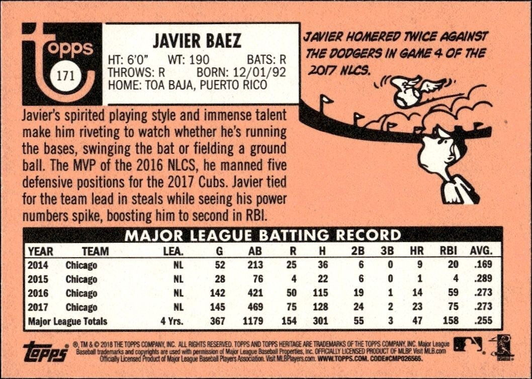 2018 Topps Heritage Javier Baez #171 baseball trading card back