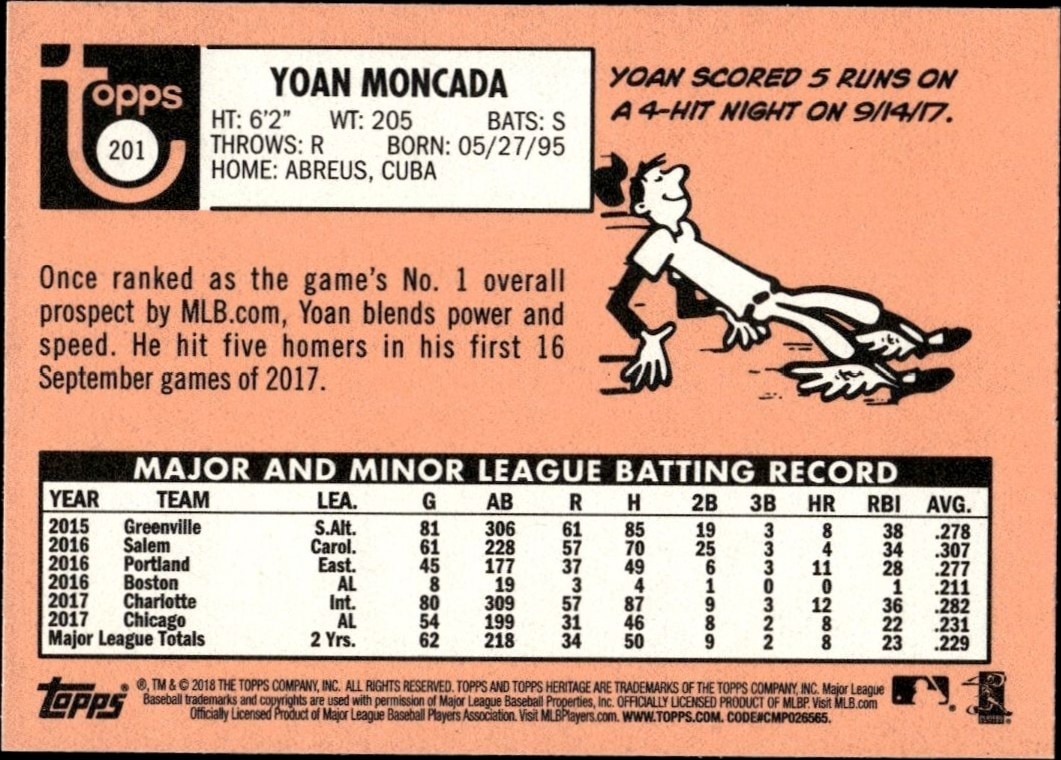 2018 Topps Heritage Yoan Moncada #201 baseball trading card back