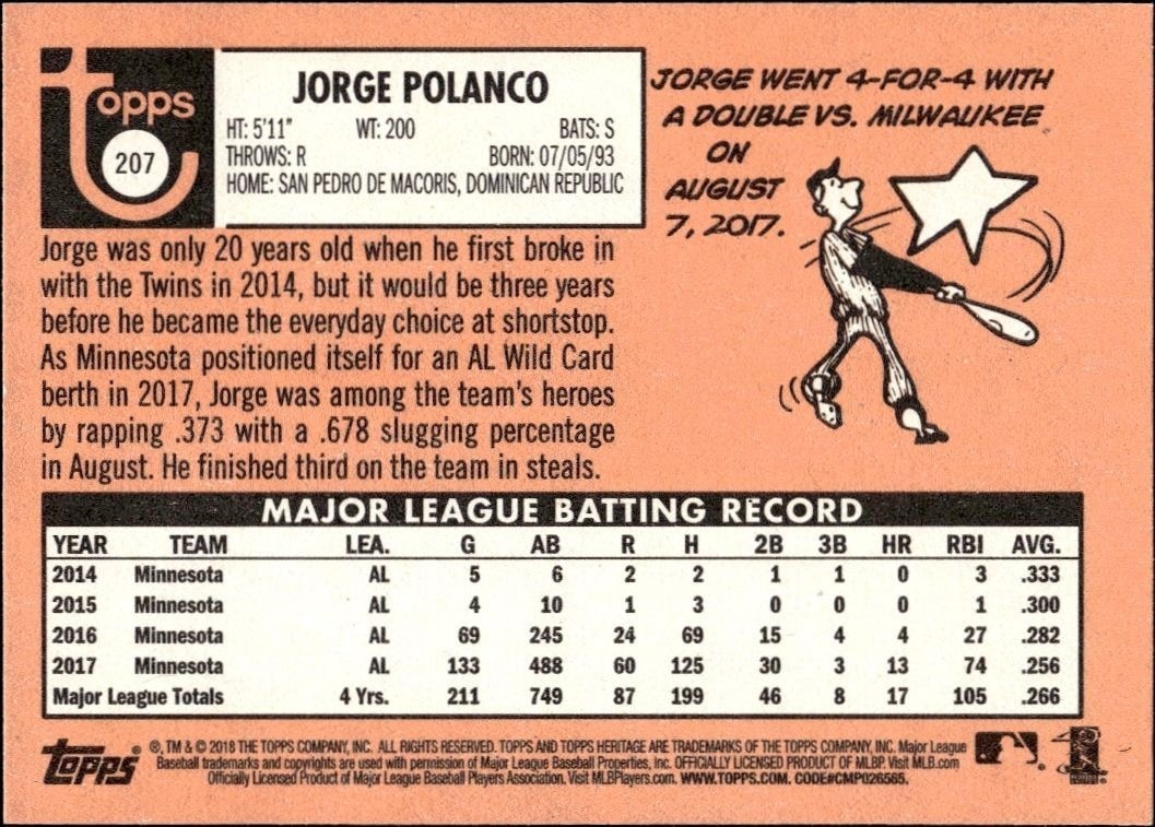 2018 Topps Heritage Jorge Polanco #207 baseball trading card back
