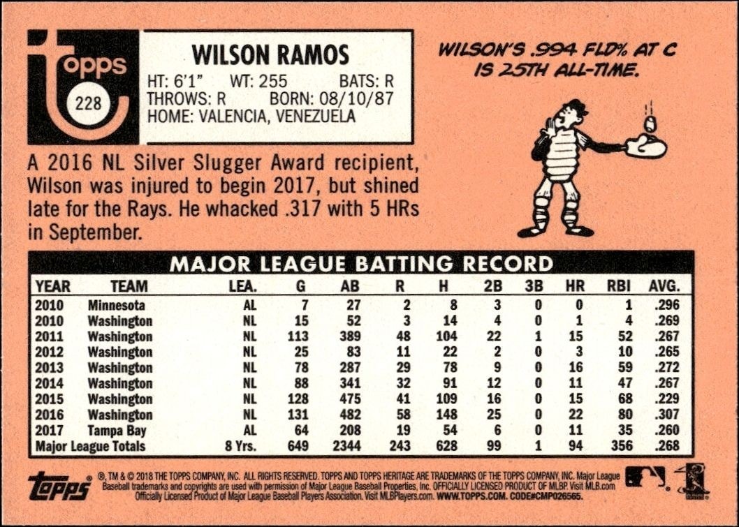 2018 Topps Heritage Wilson Ramos #228 baseball trading card back