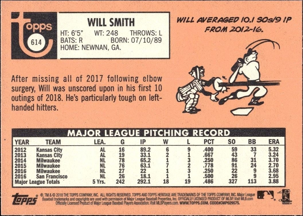 2018 Topps Heritage High Number Will Smith #614 baseball trading card back