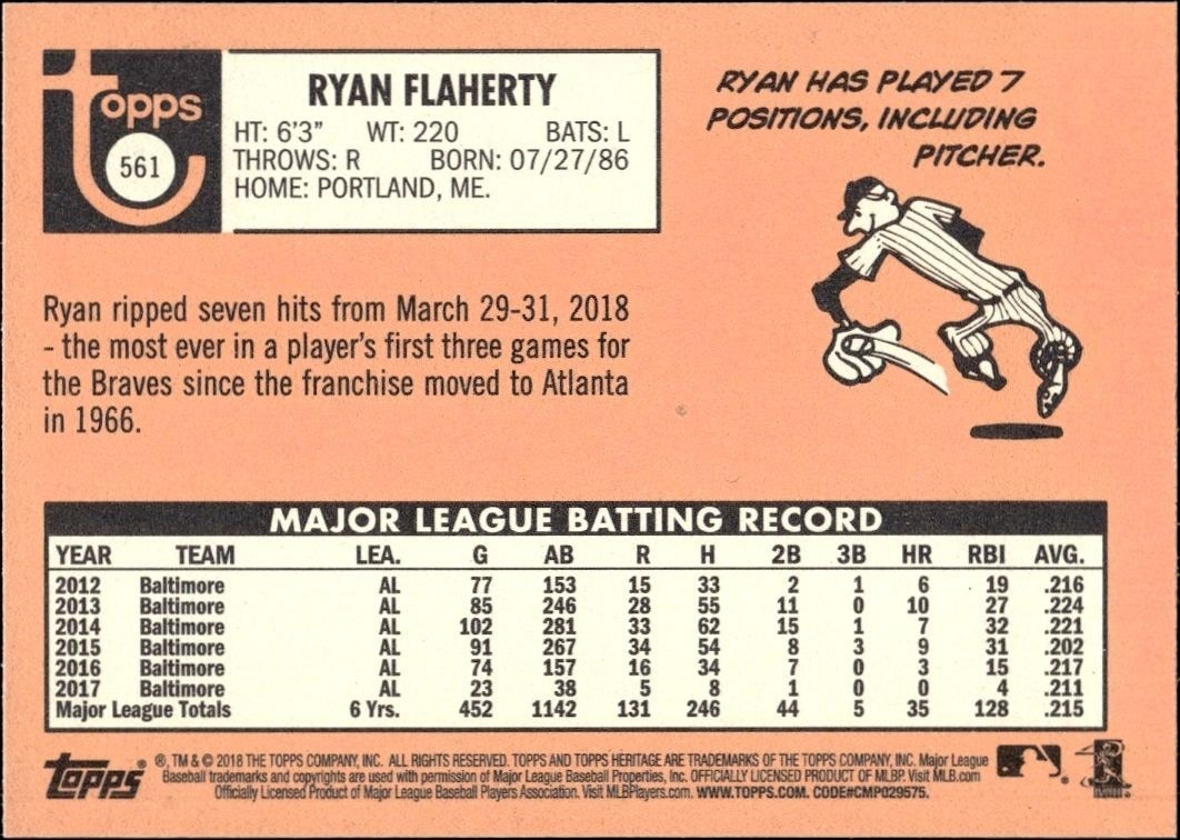 2018 Topps Heritage High Number Ryan Flaherty #561 baseball trading card back