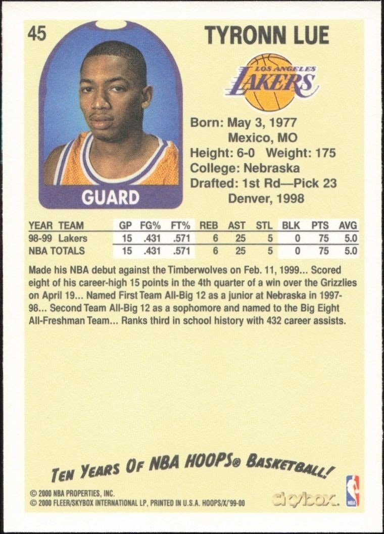 1999-00 Skybox NBA Hoops Decade Tyronn Lue #45 basketball trading card back