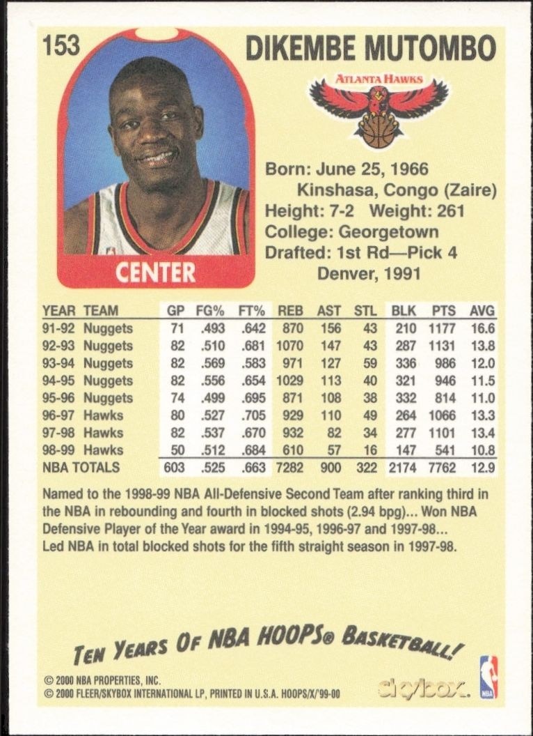 1999-00 Skybox NBA Hoops Decade Dikembe Mutombo #153 basketball trading card back