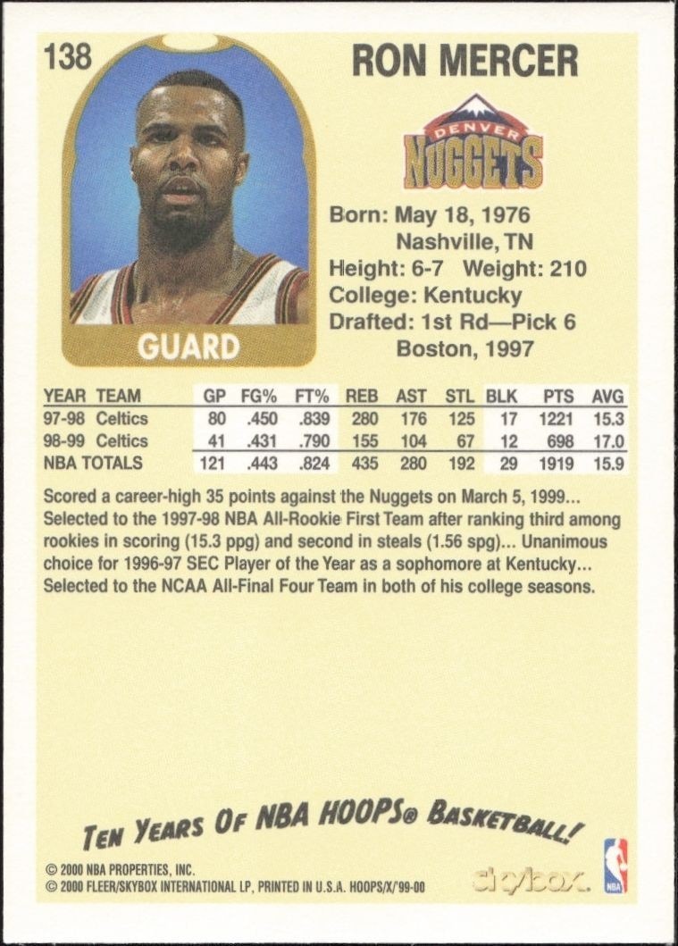 1999-00 Skybox NBA Hoops Decade Ron Mercer #138 basketball trading card back