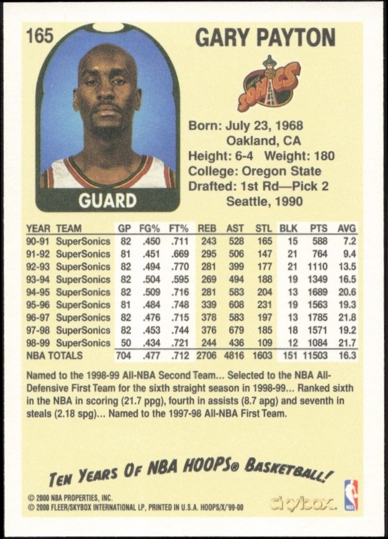 1999-00 Skybox NBA Hoops Decade Gary Payton #165 basketball trading card back