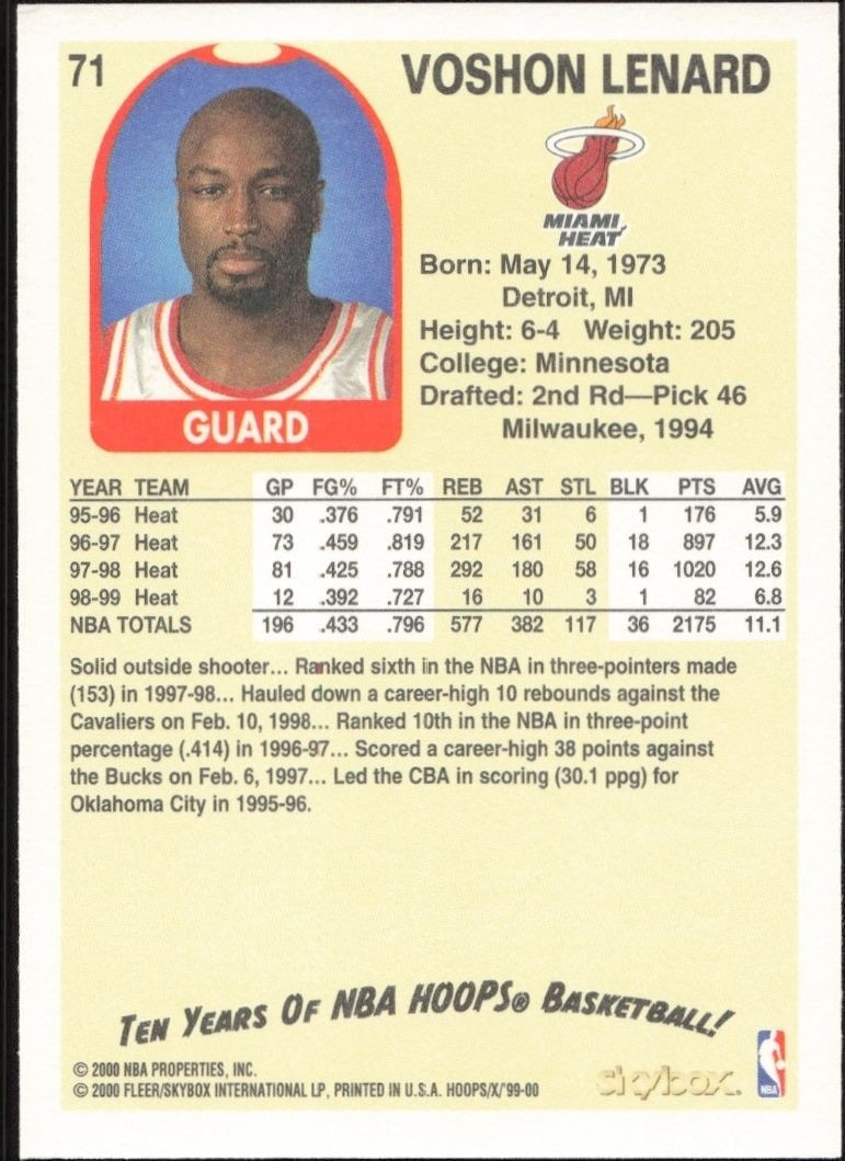 1999-00 Skybox NBA Hoops Decade Voshon Lenard #71 basketball trading card back