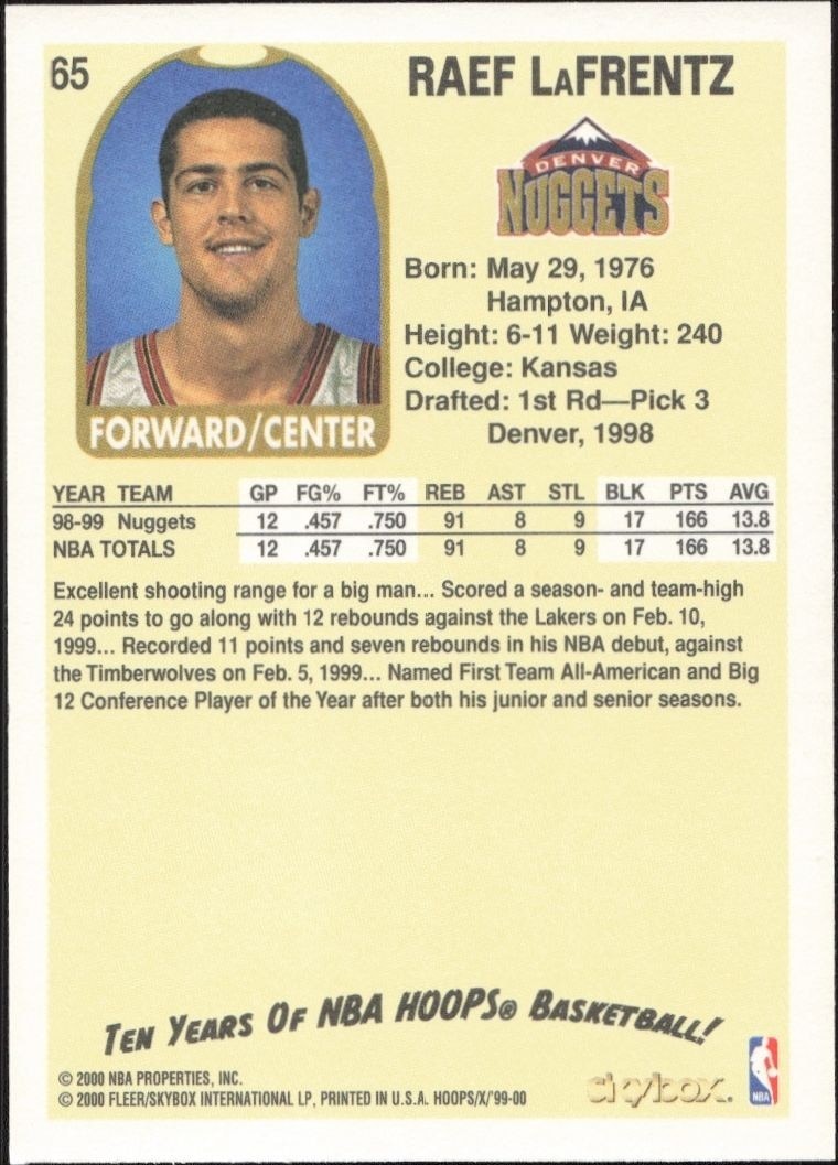1999-00 Skybox NBA Hoops Decade Raef Lafrentz #65 basketball trading card back