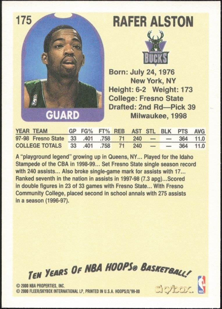 1999-00 Skybox NBA Hoops Decade Rafer Alston #175 basketball trading card back