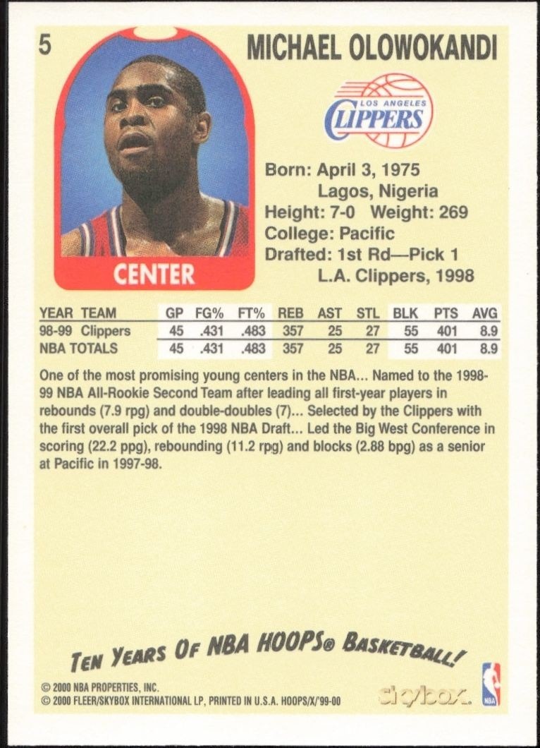 1999-00 Skybox NBA Hoops Decade Michael Olowokandi #5 basketball trading card back