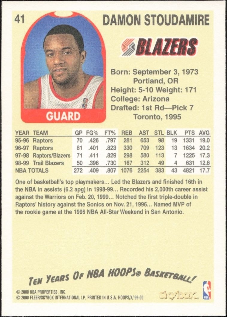 1999-00 Skybox NBA Hoops Decade Damon Stoudamire #41 basketball trading card back