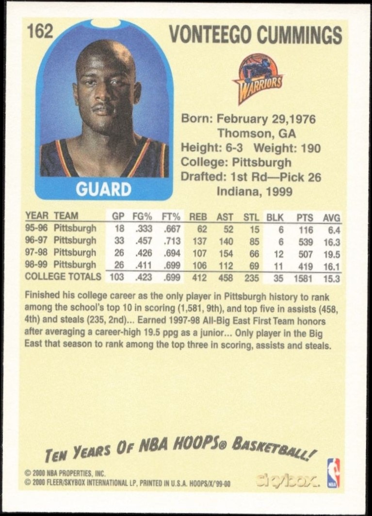 1999-00 Skybox NBA Hoops Decade Vonteego Cummings #162 basketball trading card back