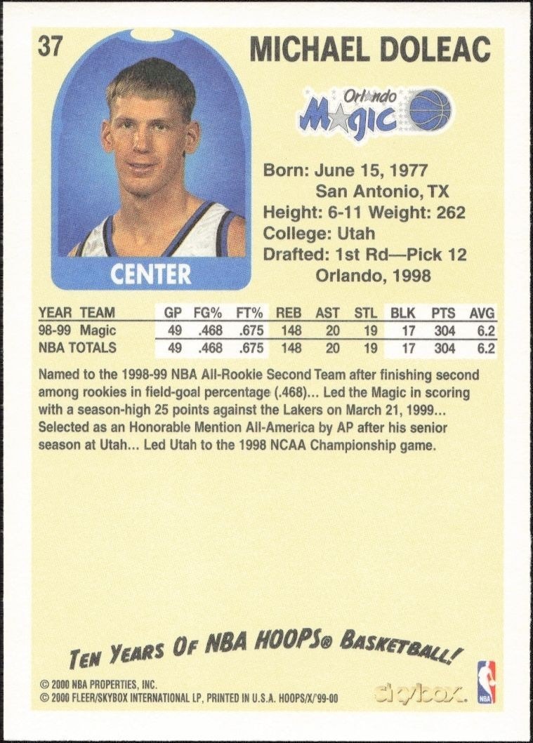 1999-00 Skybox NBA Hoops Decade Michael Doleac #37 basketball trading card back
