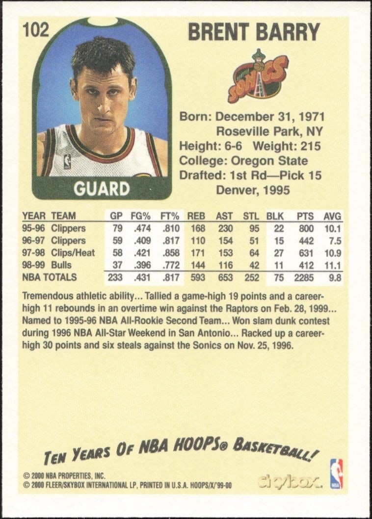 1999-00 Skybox NBA Hoops Decade Brent Barry #102 basketball trading card back
