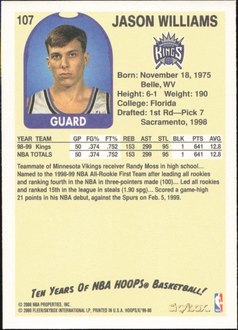 1999-00 Skybox NBA Hoops Decade Jason Williams #107 basketball trading card back