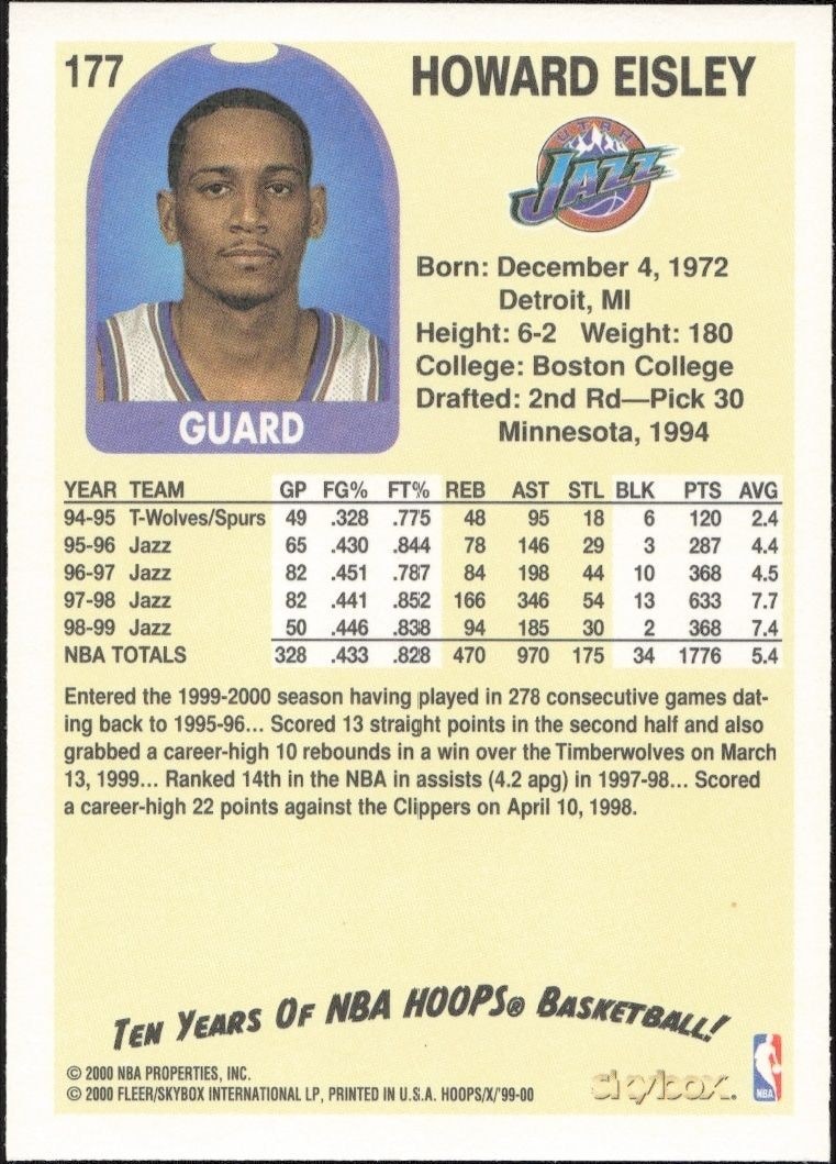 1999-00 Skybox NBA Hoops Decade Howard Eisley #177 basketball trading card back