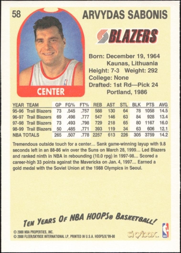 1999-00 Skybox NBA Hoops Decade Arvydas Sabonis #58 basketball trading card back