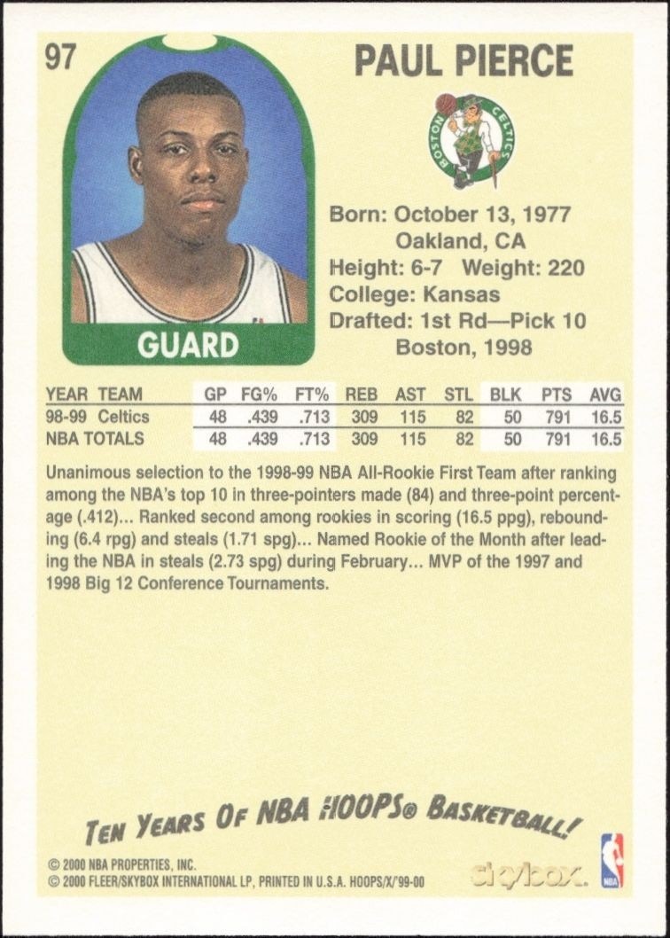 1999-00 Skybox NBA Hoops Decade Paul Pierce #97 basketball trading card back