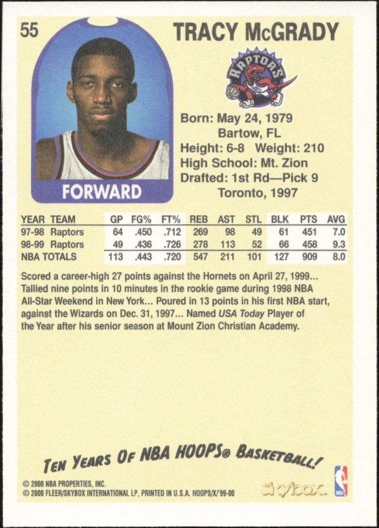 1999-00 Skybox NBA Hoops Decade Tracy McGrady #55 basketball trading card back