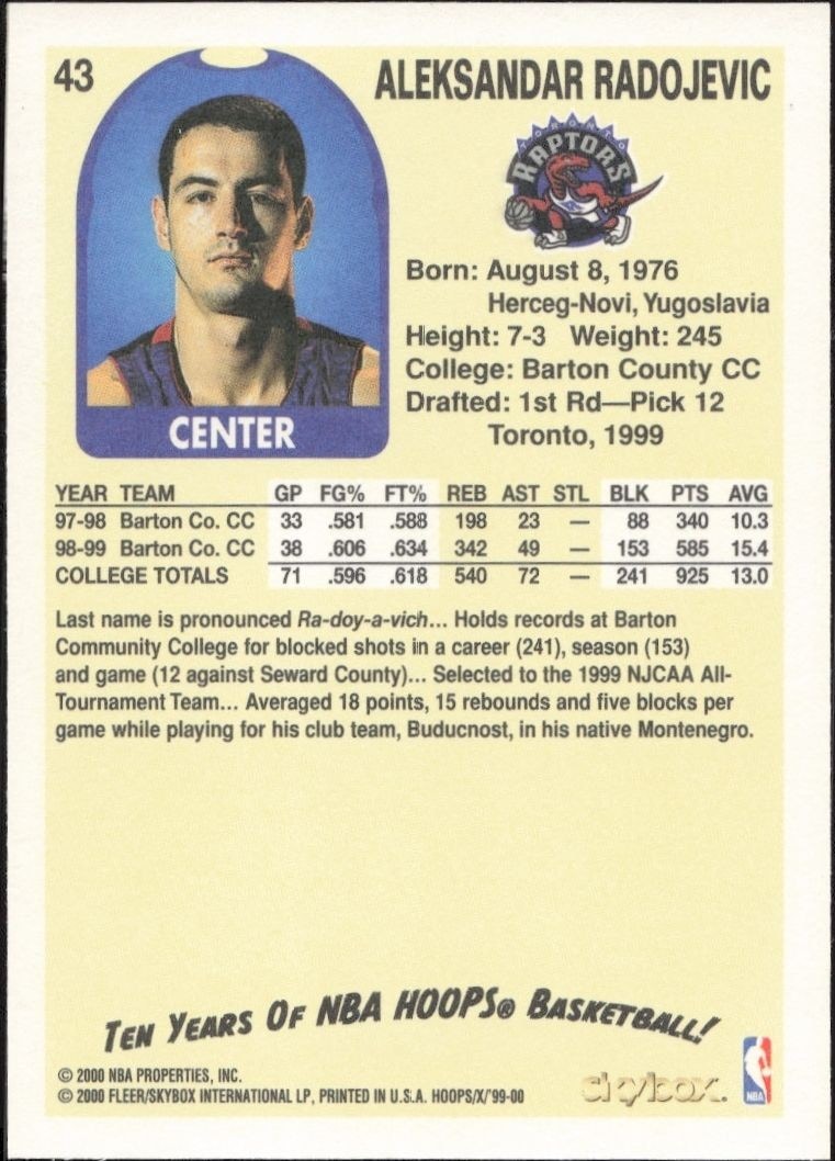 1999-00 Skybox NBA Hoops Decade Aleksandar Radojevic #43 basketball trading card back