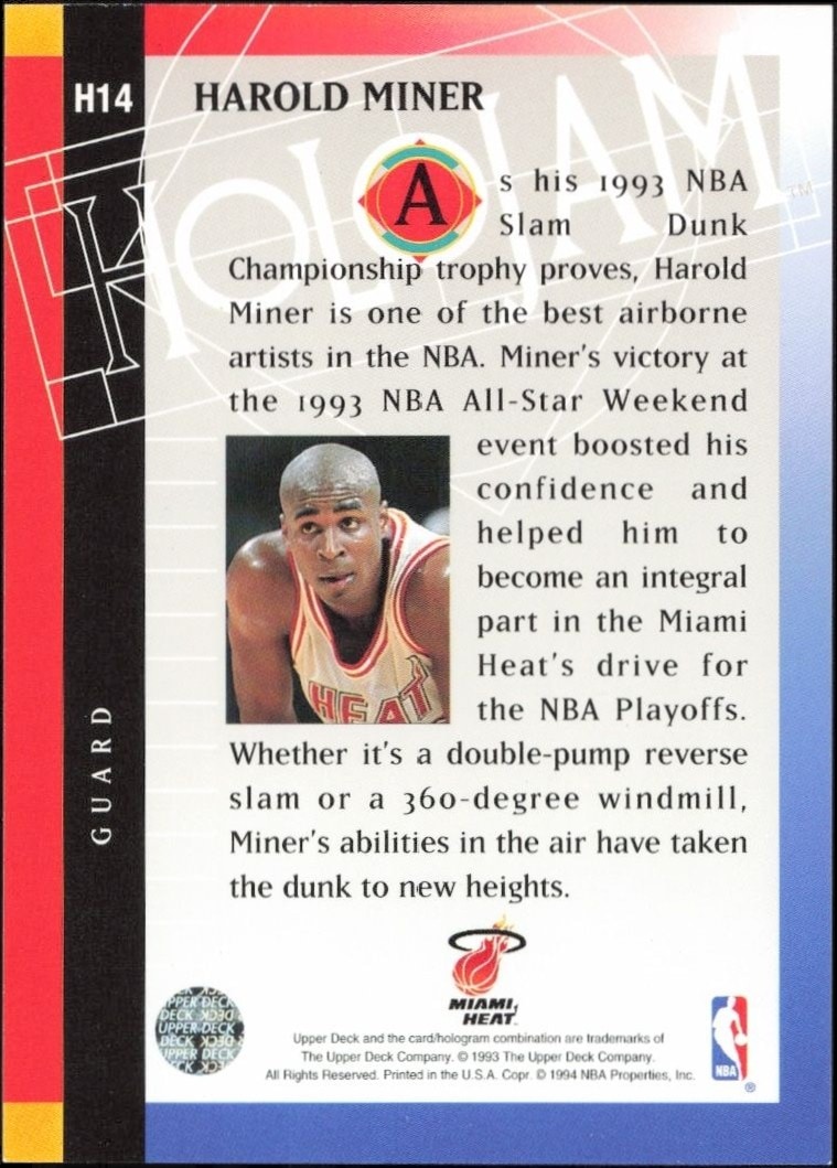 1993-94 Upper Deck Holojam Harold Miner #H14 basketball trading card back