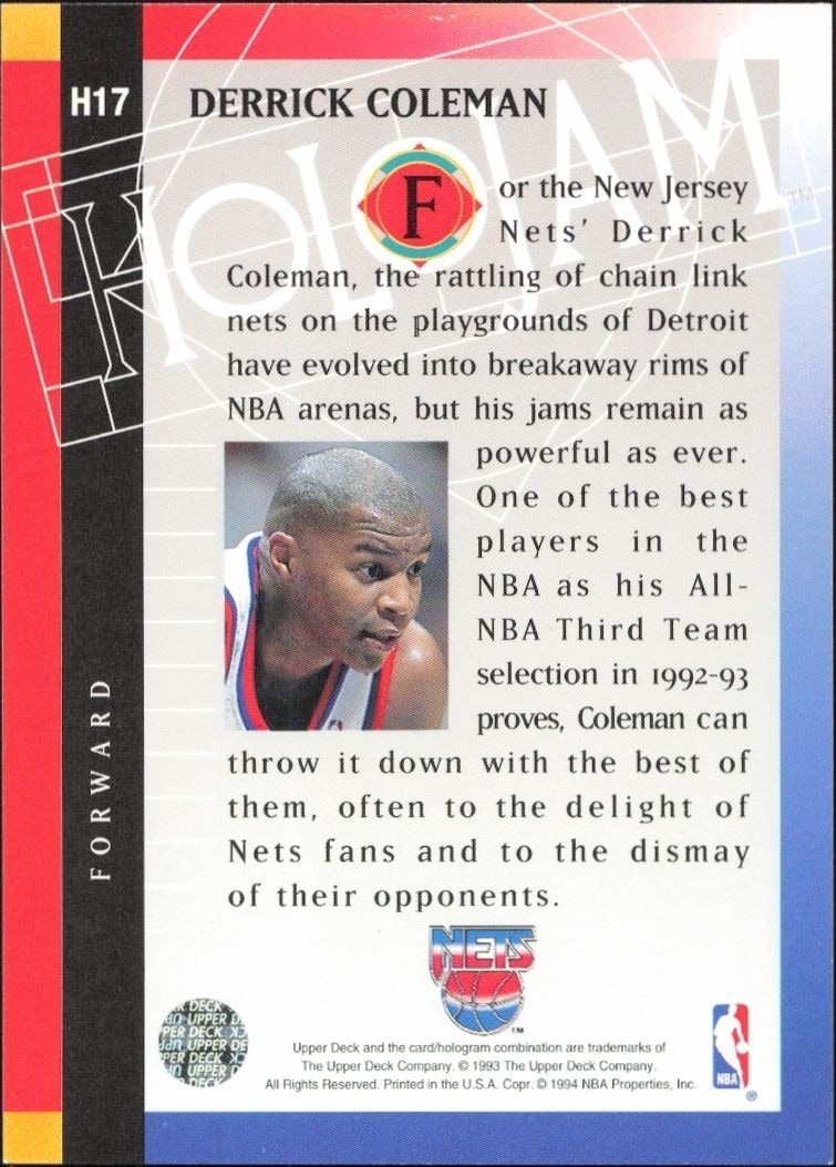 1993-94 Upper Deck Holojam Derrick Coleman #H17 basketball trading card back