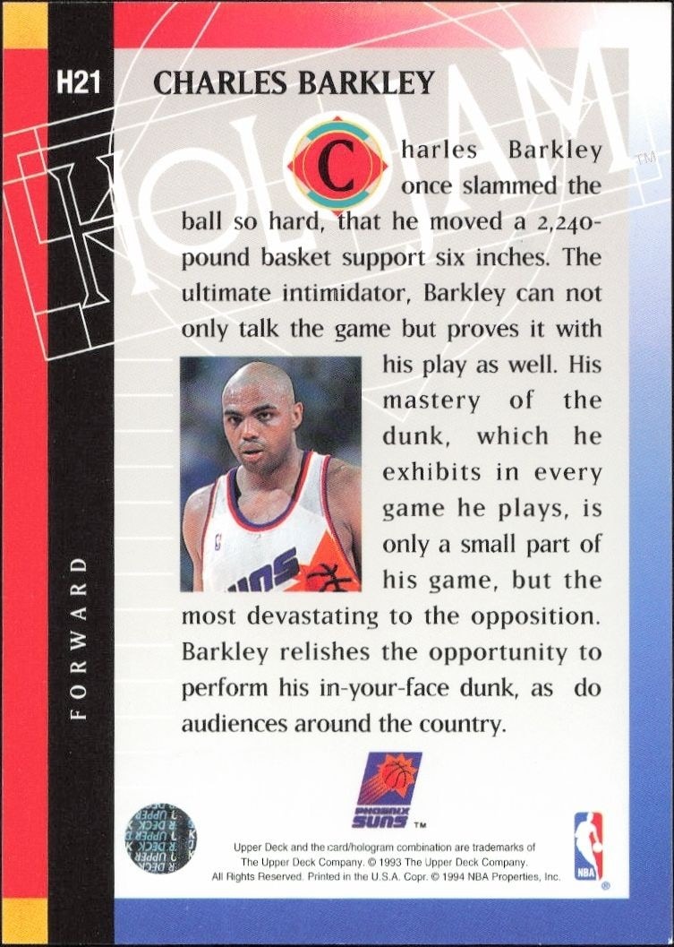 1993-94 Upper Deck Holojam Charles Barkley #H21 basketball trading card back