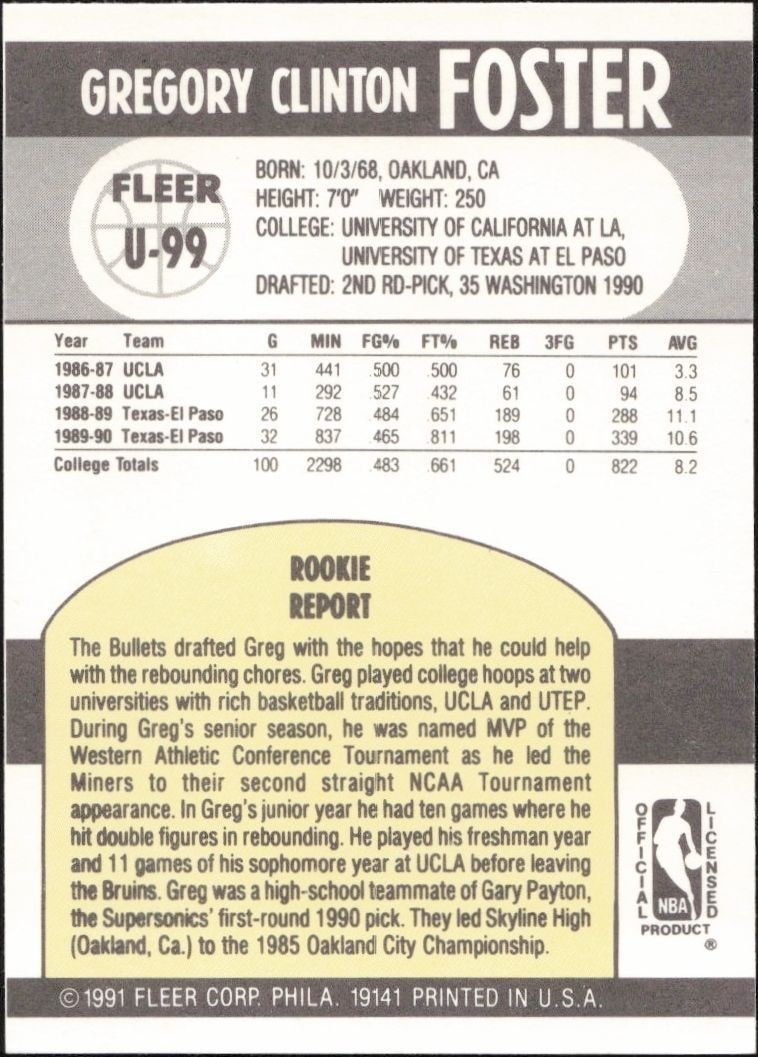 1990-91 Fleer Update Greg Foster #U-99 basketball trading card back