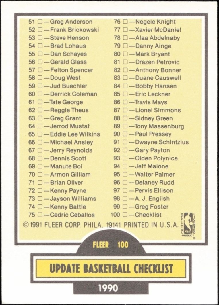 1990-91 Fleer Update Checklist #U-100 basketball trading card back