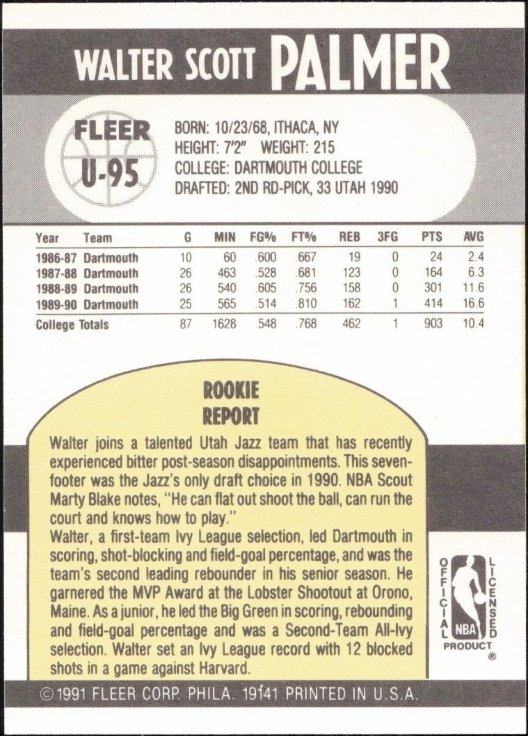 1990-91 Fleer Update Walter Palmer #U-95 basketball trading card back